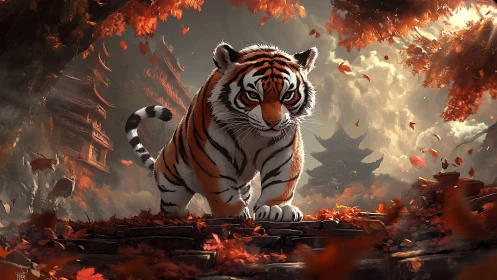 Tiger strides through autumn shrine under stormlit sky.