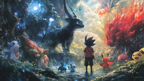 Child confronts elemental creatures inside glowing forest path