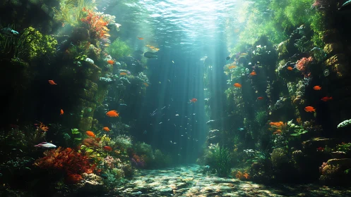 Sunken coral corridor where sunlight paints drifting jewels.