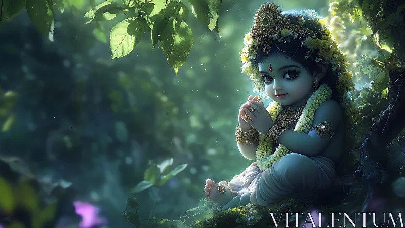 Gentle baby Krishna resting in a glowing forest haven.