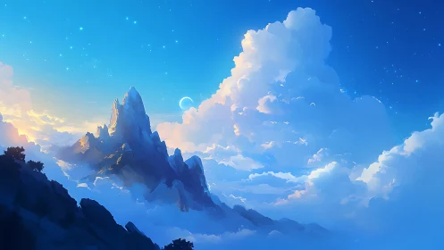 Dream-lit mountain peaks drifting through a sky sea.