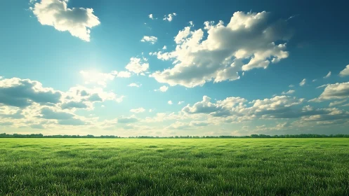 Endless green meadow under wandering afternoon clouds.
