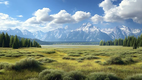 Snowy mountain range behind meadow and forested lake.