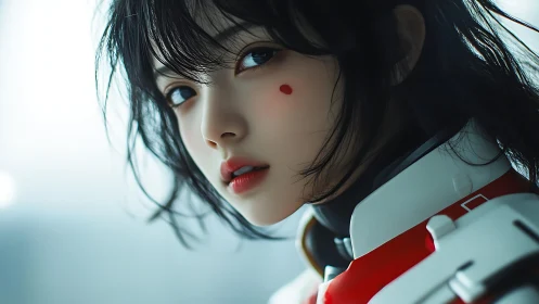 Futuristic heroine portrait with soft bokeh and combat armor.