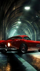 Red classic grand tourer under tunnel sodium vapor lighting