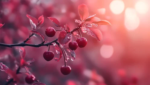 Ruby cherries linger in misty pink twilight after rain