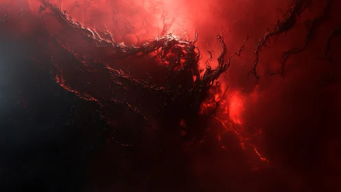 Blood-red cosmic nebula with dark tendril vortex center.