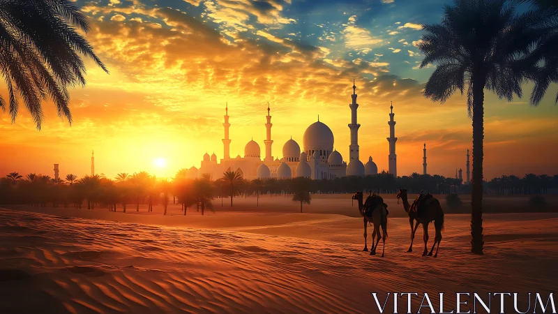 Golden desert sunset silhouettes grand mosque and camels