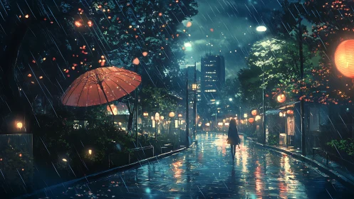 Rain-soaked lantern street with solitary figure at night.