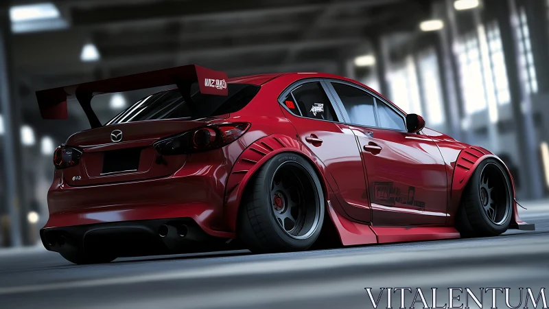Low-slung red Mazda sedan with extreme widebody stance.
