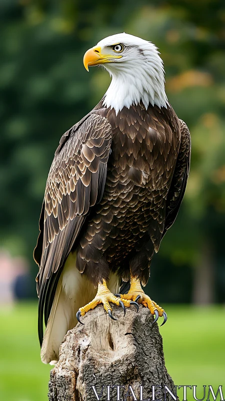 Bald eagle perched on stump in sharp outdoor close-up.