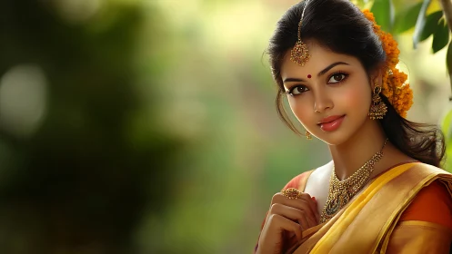 Elegant Indian woman in traditional saree, adorned with gold jewelry.