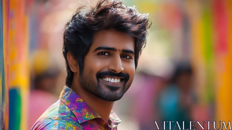 Sunlit smile amid festival colors and softly blurred bustle.