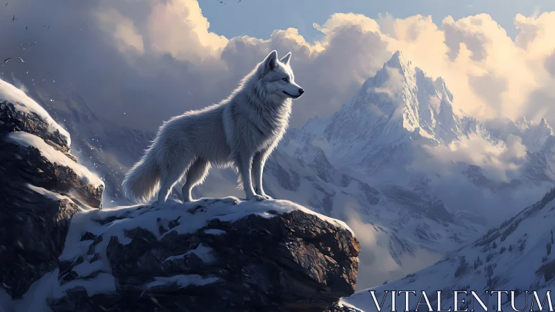 White wolf greeting the sunrise on quiet mountain peaks.