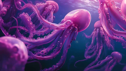 Bioluminescent pink octopus swarm in ethereal ocean light.