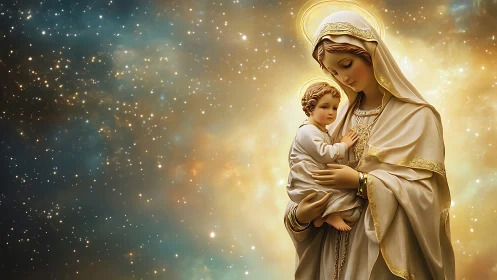 Sacred mother and child against luminous star field.