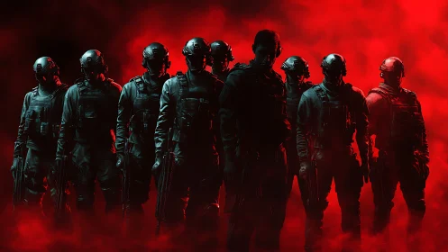 Armed tactical squad in red atmospheric backlit scene.