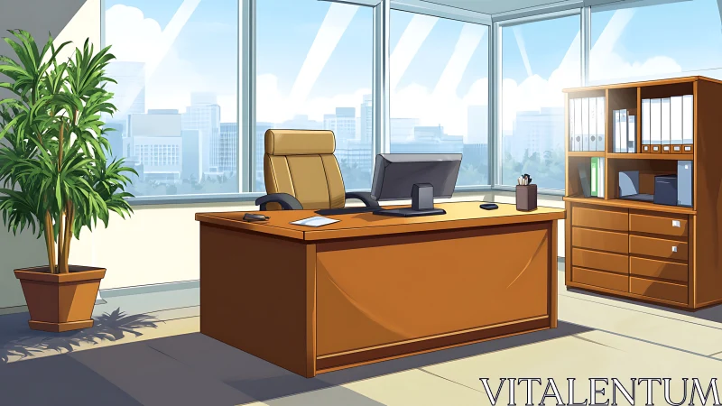 Modern corner office with wooden desk and city skyline.