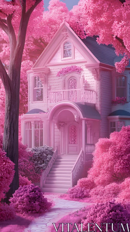 Digital painting of pastel Victorian house in pink gardenscape.