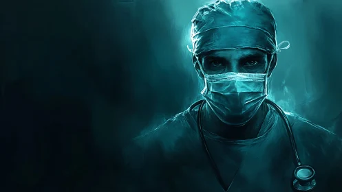 Surgeon in mask and scrubs stands centered in teal lighting