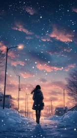 Solitary winter walk beneath glowing pastel sunset sky.