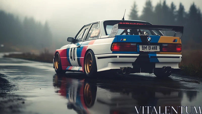 BMW race car on wet rural road in misty forest setting.