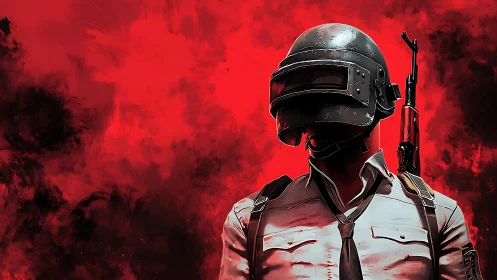 Armored battle royale soldier emerges against red abstract field