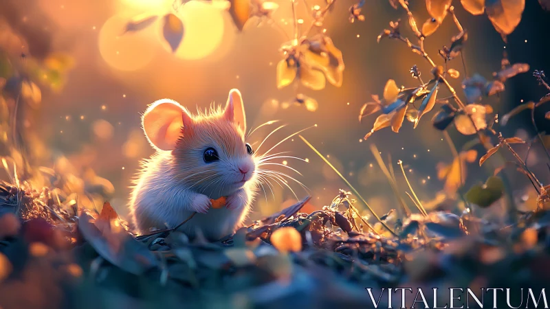 Dusklit forest mouse cradles a leaf in glowing fairylight.