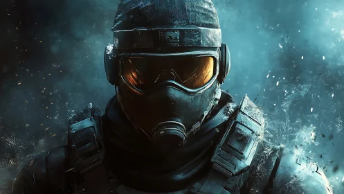 Armored tactical soldier with gas mask in icy debris field.
