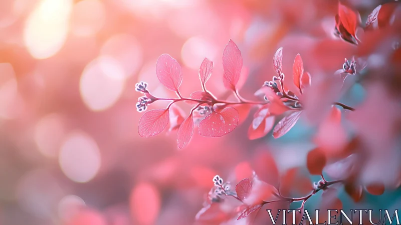 Macro study of pink foliage bathed in ethereal bokeh light.