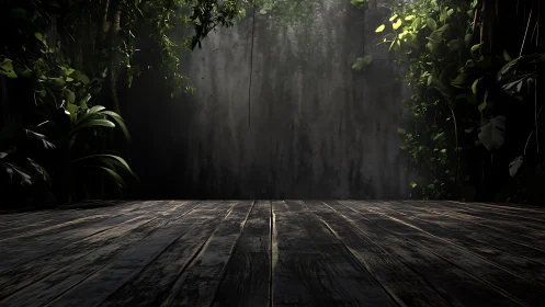 Dark Wooden Platform with Jungle Overgrowth