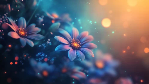 Luminescent Flowers with Bokeh Light Particles in Blue-Orange Gradient.
