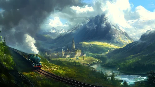 Steam train crosses lush valley toward distant mountain city