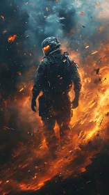 Inferno-Clad Warrior Stands Resolute in Apocalyptic Firestorm.