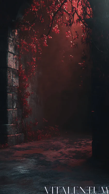 Secret red courtyard glowing beyond a crumbling archway.