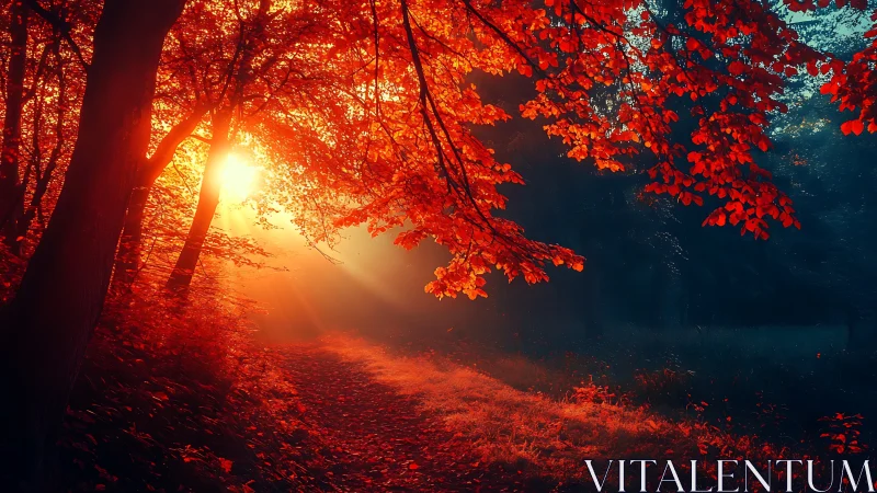 Sunburst trail beneath a blazing crimson autumn canopy.