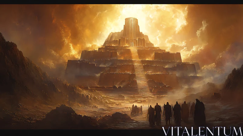 Colossal sunlit ziggurat towers over pilgrims in desert haze