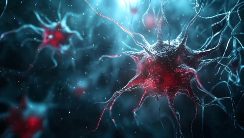 Detailed close-up of neurons in a glowing digital art style.