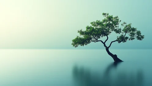 Solitary Tree in Calm Water, Minimalist Nature Photography.