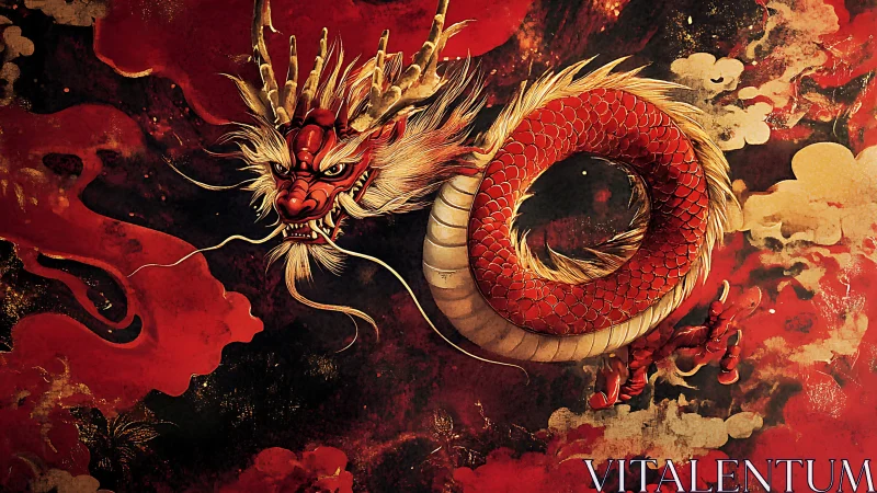 Fiery red dragon swirling through gold clouds in bold style.