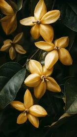 Golden Blossoms Dance: Luminous Flowers Against Emerald Shadow.