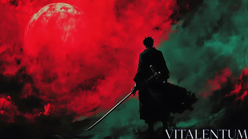 Lone swordsman silhouette under a vivid red moon.
