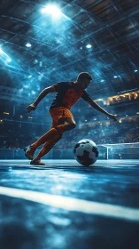 Dynamic low-angle futsal dribble under intense arena backlighting
