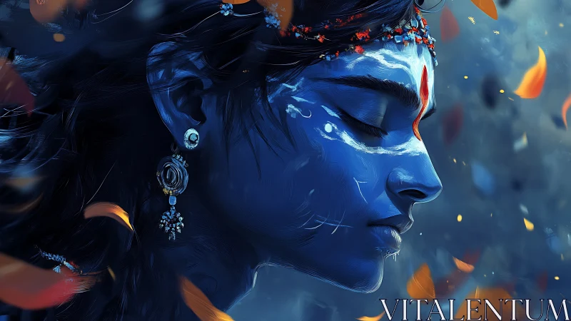 Blue-skinned figure in profile with painted face markings