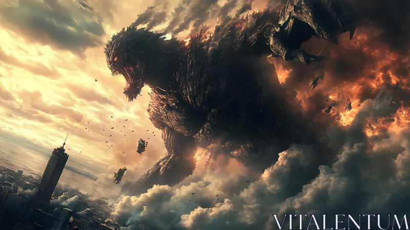 Colossal fire-lit kaiju towers over burning clouded city