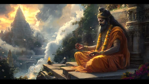 Hermit in radiant cloud temple axis, meditating in stillness.