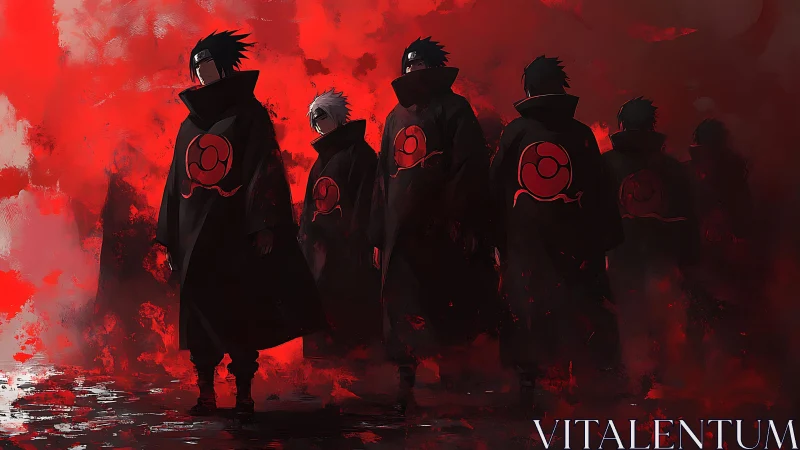 Uchiha-cloaked figures stride through abstract crimson haze