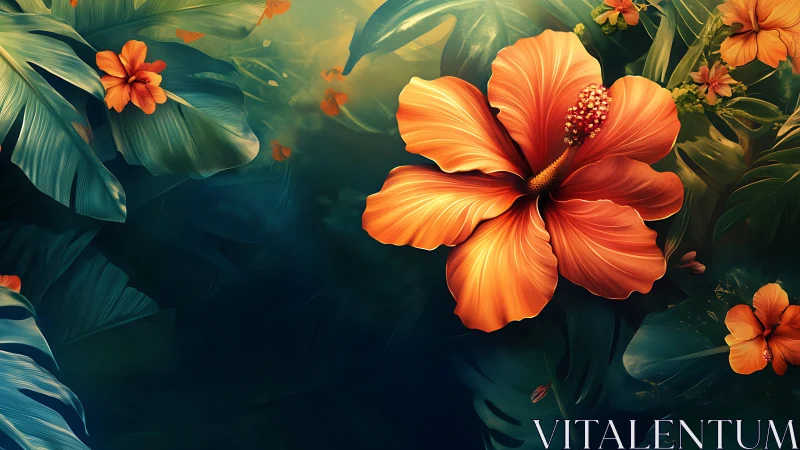 Large orange hibiscus flower with tropical foliage in digital rendering