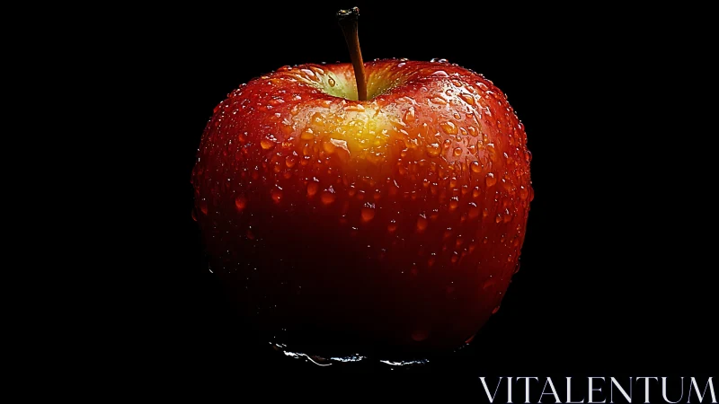 Midnight spotlight on a dew-drenched ruby apple hero.