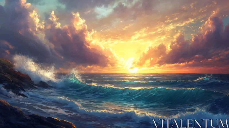 Sunset light over breaking ocean waves and rocky shoreline.